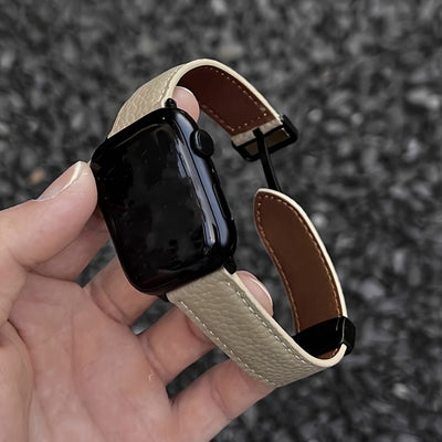 Litchi Pattern Patent Apple Watch Strap with Magnetic Folding Buckle