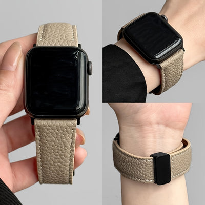 Litchi Pattern Patent Apple Watch Strap with Magnetic Folding Buckle