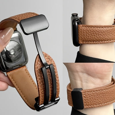 Litchi Pattern Patent Apple Watch Strap with Magnetic Folding Buckle