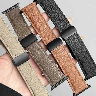 Litchi Pattern Patent Apple Watch Strap with Magnetic Folding Buckle